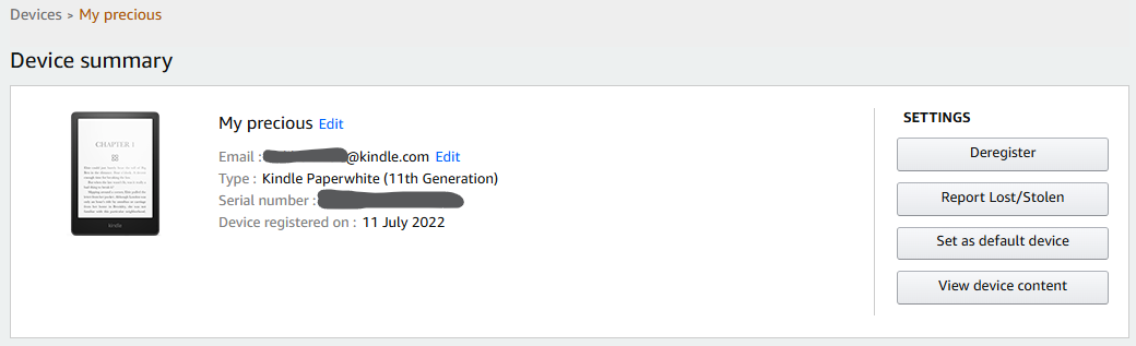 Amazon Devices Page showing Kindle email addresses