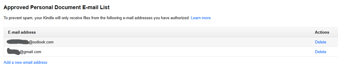 Personal Document Settings showing approved email list